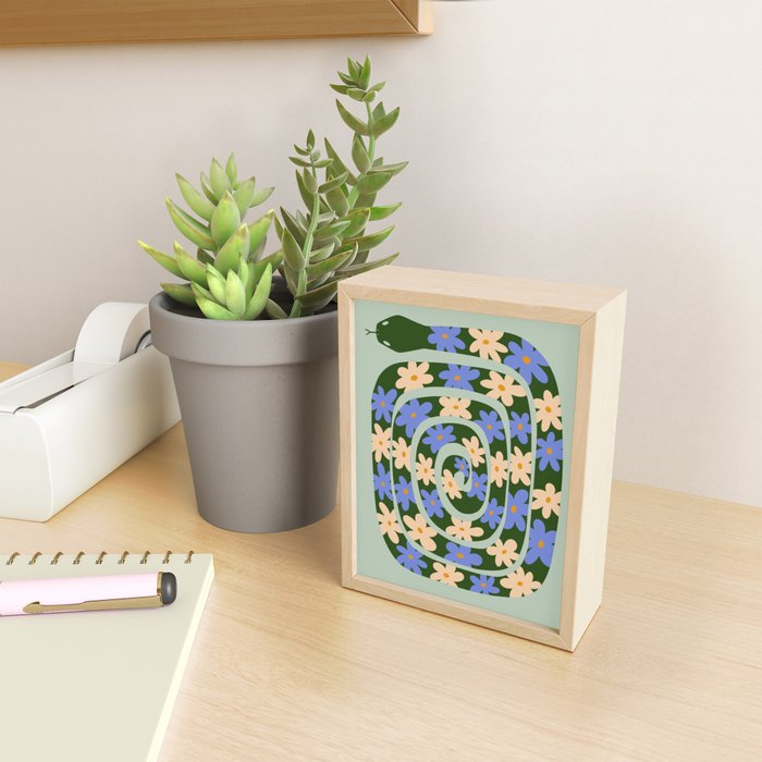 Flower Snake - Green, Blue and Off White Mini Art Print Gallery Image 2