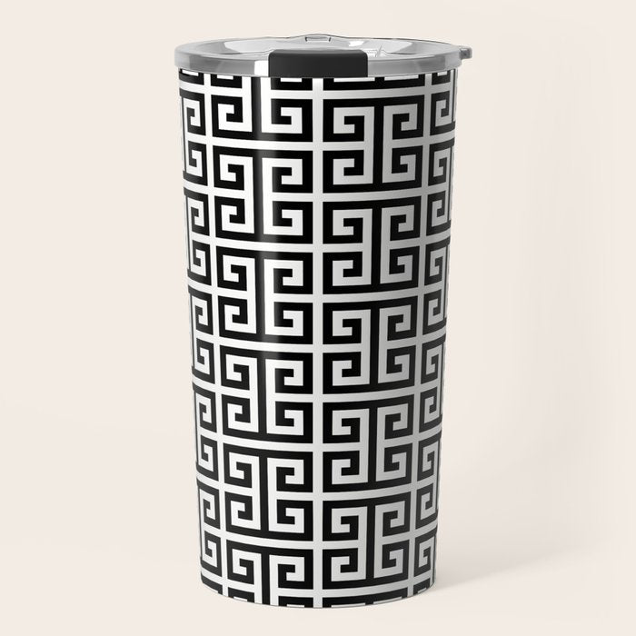 Black and White Greek Key Pattern Travel Mug Gallery Image 1