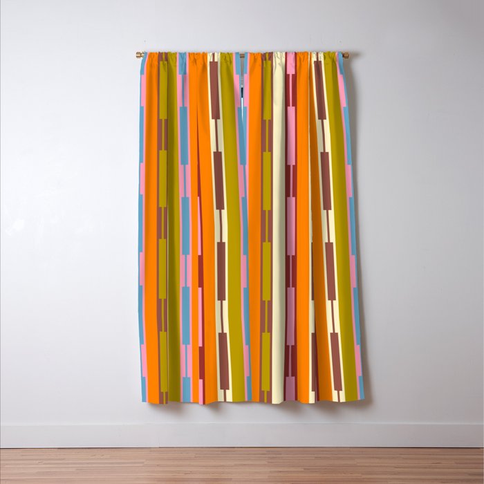 Eclectic Geo Chain Vertical Stripes Retro Contemporary Pattern in Orange Avocado Blue Pink Window Curtain Gallery Image 3