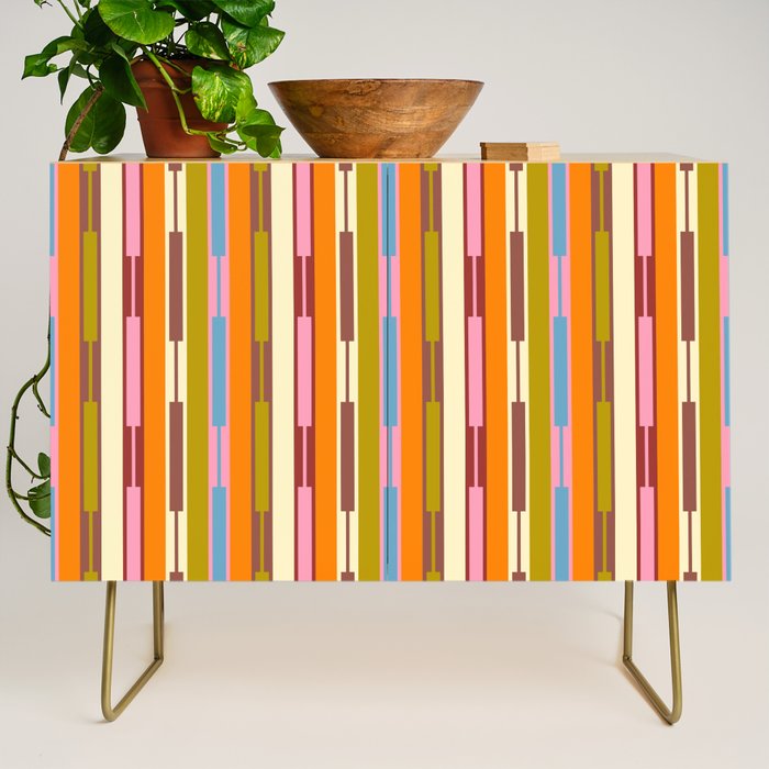 Eclectic Geo Chain Vertical Stripes Retro Contemporary Pattern in Orange Avocado Blue Pink Credenza Gallery Image 1