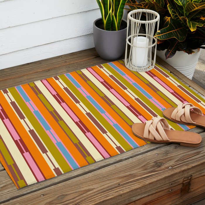 Eclectic Geo Chain Vertical Stripes Retro Contemporary Pattern in Orange Avocado Blue Pink Outdoor Rug Gallery Image 2