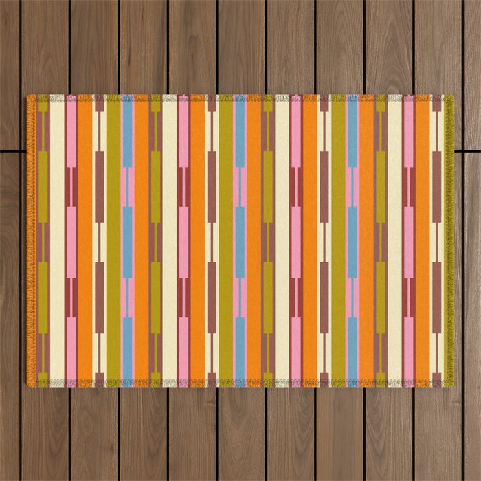 Eclectic Geo Chain Vertical Stripes Retro Contemporary Pattern in Orange Avocado Blue Pink Outdoor Rug Gallery Image 1