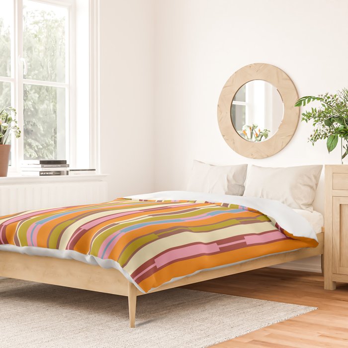 Eclectic Geo Chain Vertical Stripes Retro Contemporary Pattern in Orange Avocado Blue Pink Duvet Cover Gallery Image 2
