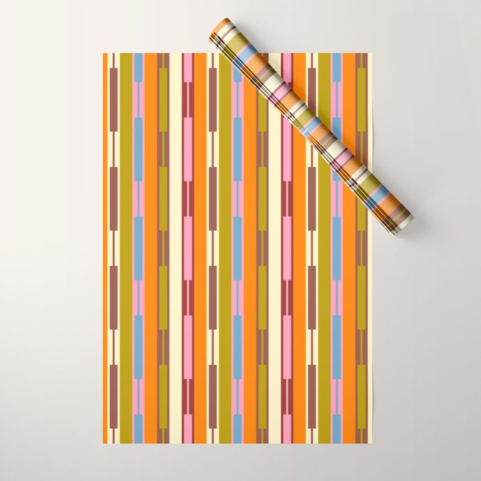 Eclectic Geo Chain Vertical Stripes Retro Contemporary Pattern in Orange Avocado Blue Pink Wrapping Paper Gallery Image 1