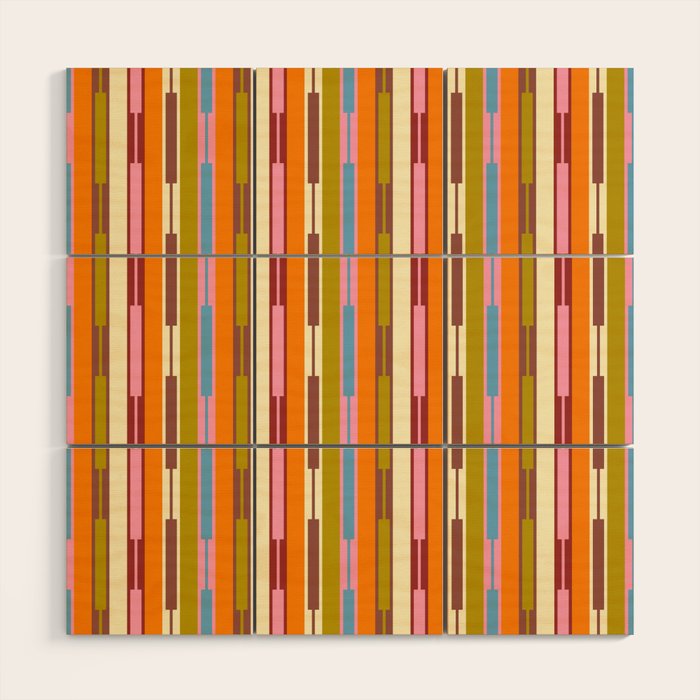 Eclectic Geo Chain Vertical Stripes Retro Contemporary Pattern in Orange Avocado Blue Pink Wood Wall Art Gallery Image 1