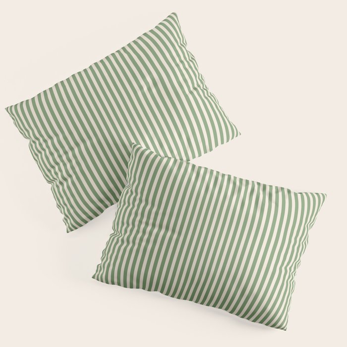 Ultra Fine Stripe Narrow Vertical Pinstripe Pattern in Vintage Green and Beige Pillow Sham Gallery Image 3