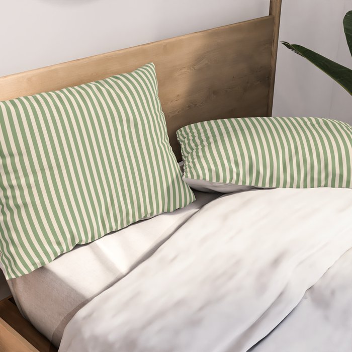 Ultra Fine Stripe Narrow Vertical Pinstripe Pattern in Vintage Green and Beige Pillow Sham Gallery Image 2