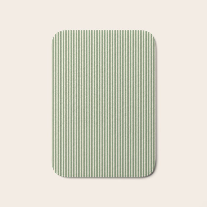 Ultra Fine Stripe Narrow Vertical Pinstripe Pattern in Vintage Green and Beige Bath Mat Gallery Image 1