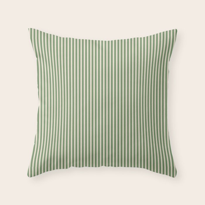 Ultra Fine Stripe Narrow Vertical Pinstripe Pattern in Vintage Green and Beige Throw Pillow Gallery Image 6