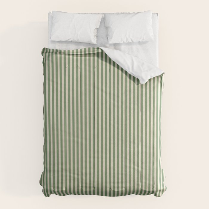 Ultra Fine Stripe Narrow Vertical Pinstripe Pattern in Vintage Green and Beige Comforter Gallery Image 6