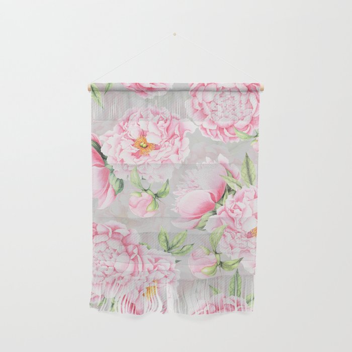 Hygge Blush Pink Peonies Pattern On Gray Wall Hanging Gallery Image 1