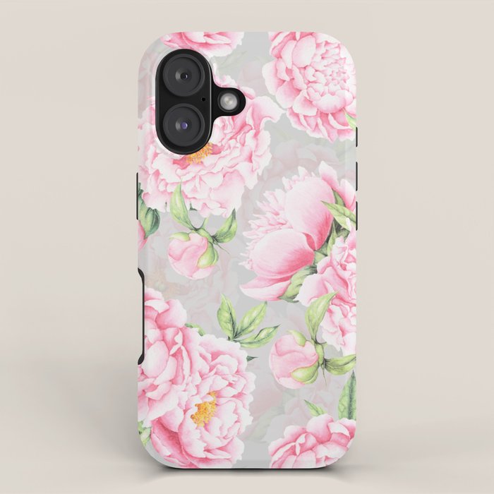 Hygge Blush Pink Peonies Pattern On Gray iPhone Case Gallery Image 1