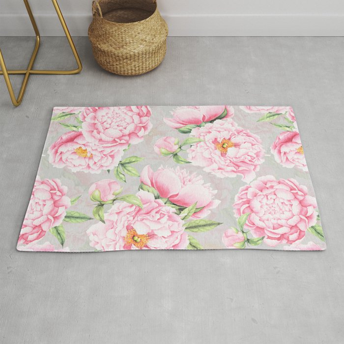 Hygge Blush Pink Peonies Pattern On Gray Rug Gallery Image 1