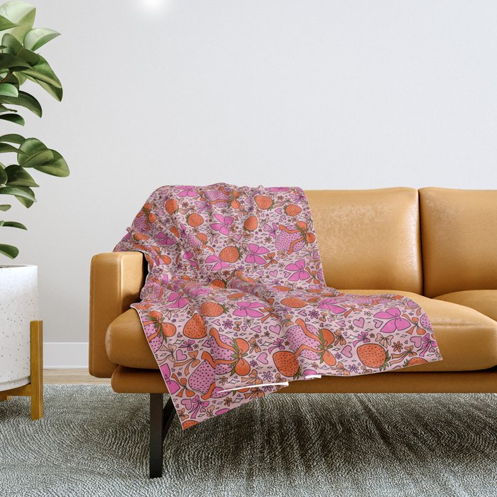 Strawberries and Bows Print Throw Blanket Gallery Image 1