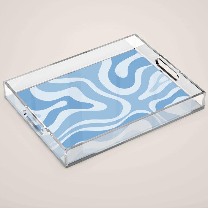 Retro Modern Liquid Swirl Abstract Pattern in Muted Blue Acrylic Tray Gallery Image 1