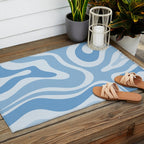 Retro Modern Liquid Swirl Abstract Pattern in Muted Blue Outdoor Rug Gallery Image 2