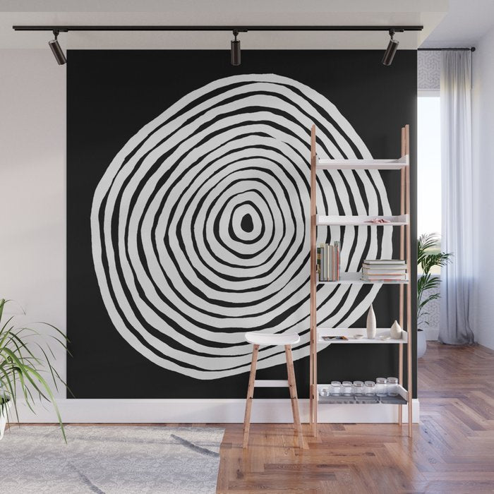 Black & White Minimalist Mid Century Abstract Ink Line Spiral Hypnotic Circle Wall Mural Gallery Image 1