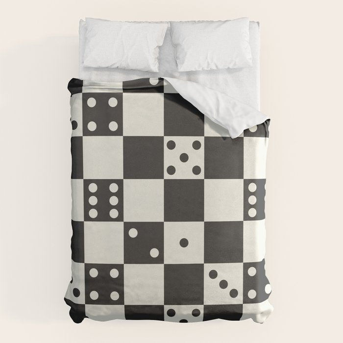 Checkered Dice Pattern (Creamy Milk & Dark Charcoal Color Palette) Duvet Cover Gallery Image 6