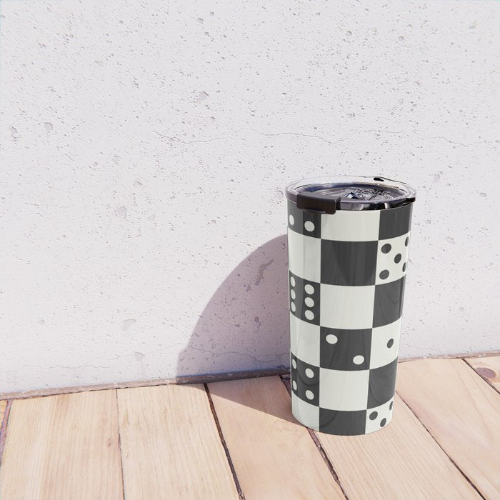 Checkered Dice Pattern (Creamy Milk & Dark Charcoal Color Palette) Travel Mug Gallery Image 4