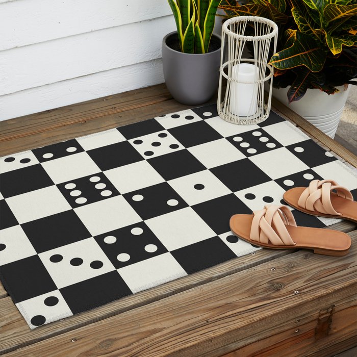 Checkered Dice Pattern (Creamy Milk & Dark Charcoal Color Palette) Outdoor Rug Gallery Image 2