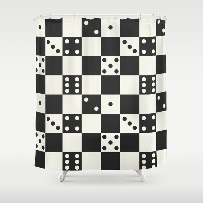 Checkered Dice Pattern (Creamy Milk & Dark Charcoal Color Palette) Shower Curtain Gallery Image 1