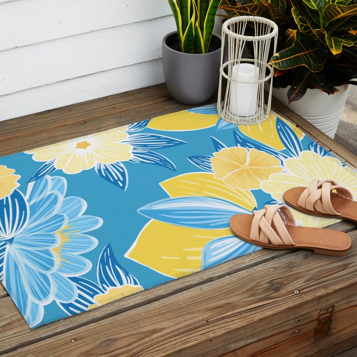 Hibiscus Lemon Botanical Pattern  Outdoor Rug Gallery Image 2