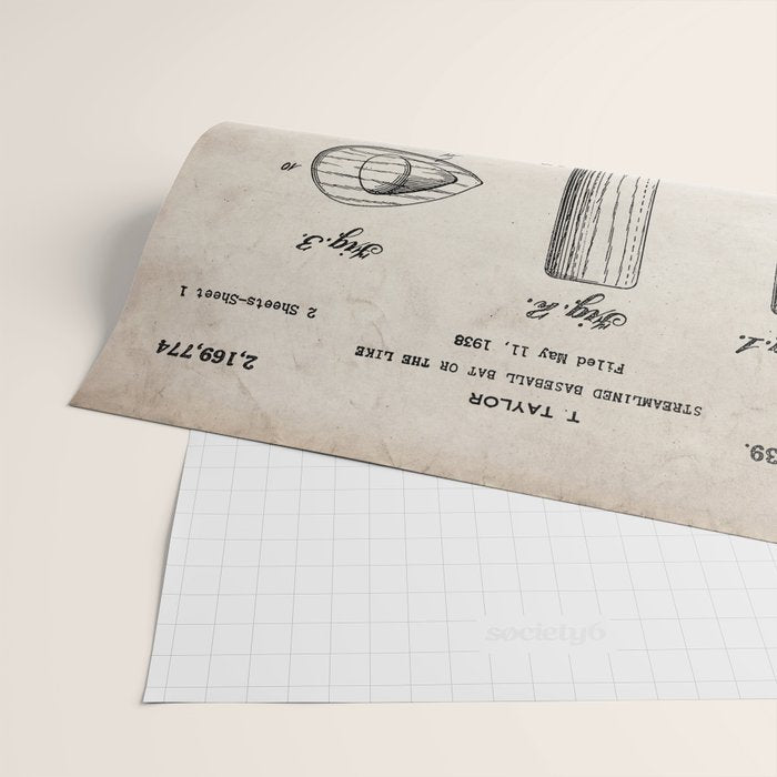 Baseball Bat Patent - Baseball Art - Antique Wrapping Paper Gallery Image 2