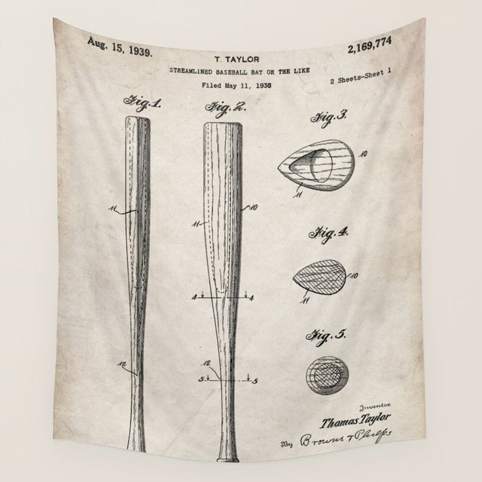 Baseball Bat Patent - Baseball Art - Antique Wall Tapestry Gallery Image 1