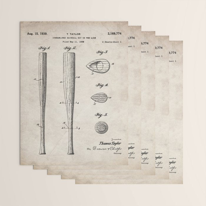 Baseball Bat Patent - Baseball Art - Antique Wrapping Paper Gallery Image 3