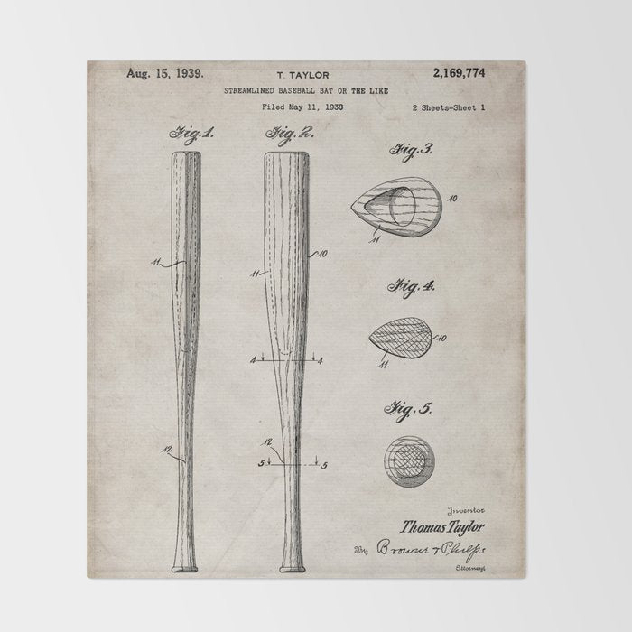 Baseball Bat Patent - Baseball Art - Antique Throw Blanket Gallery Image 2