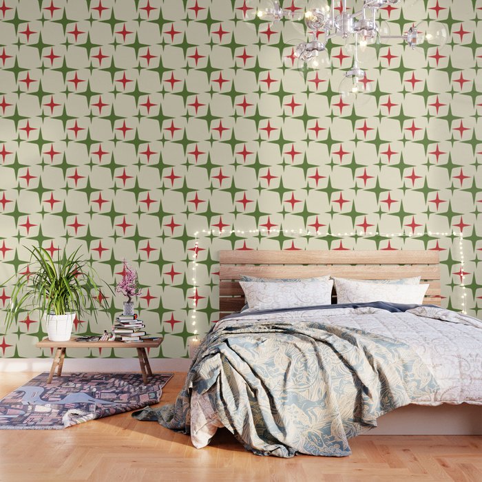 Atomic Christmas Mid Century Modern Stars Retro Xmas Red Green and Cream Pattern Wallpaper Gallery Image 3