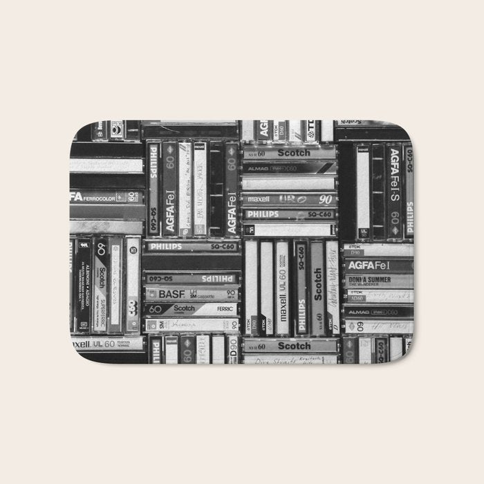 Music Cassette Stacks - Black and White - Something Nostalgic IV #decor #society6 #buyart Bath Mat Gallery Image 1