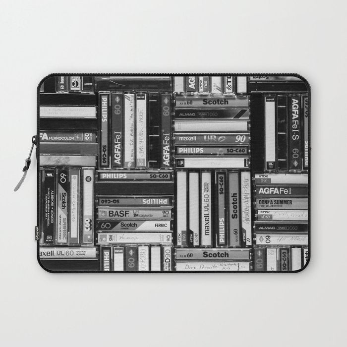 Music Cassette Stacks - Black and White - Something Nostalgic IV #decor #society6 #buyart Laptop Sleeve Gallery Image 1
