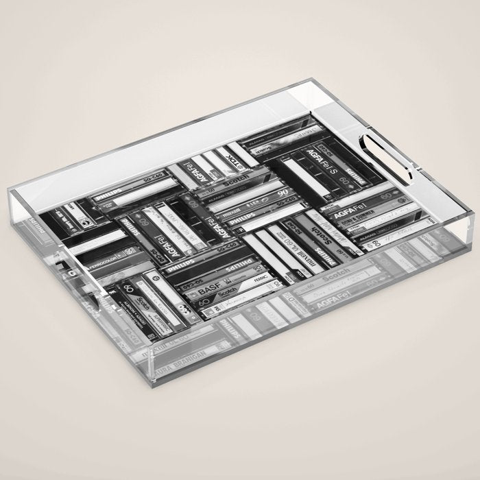Music Cassette Stacks - Black and White - Something Nostalgic IV #decor #society6 #buyart Acrylic Tray Gallery Image 1