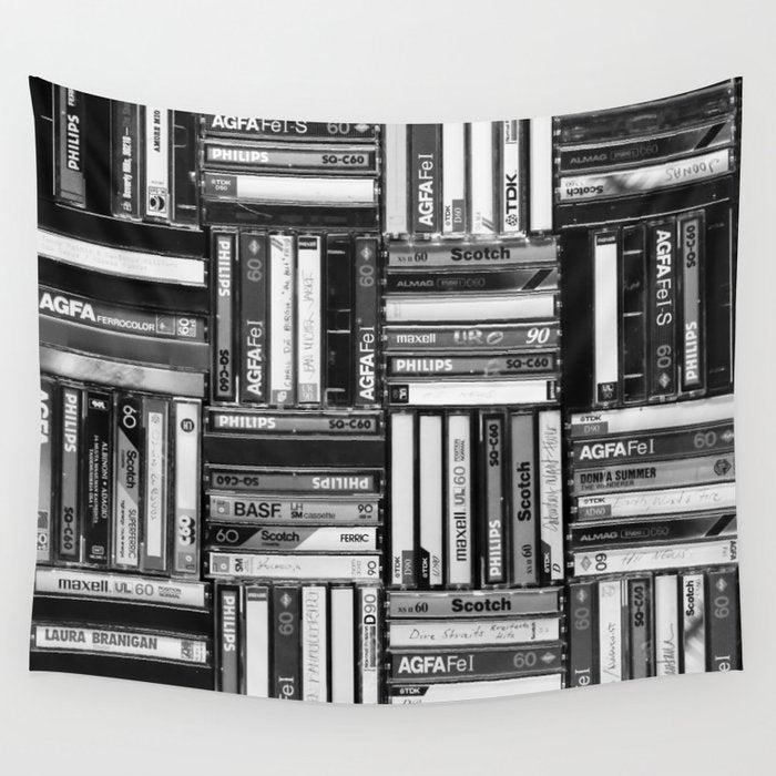 Music Cassette Stacks - Black and White - Something Nostalgic IV #decor #society6 #buyart Wall Tapestry Gallery Image 1