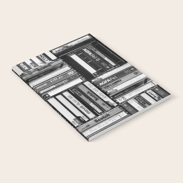 Music Cassette Stacks - Black and White - Something Nostalgic IV #decor #society6 #buyart Notebook Gallery Image 1