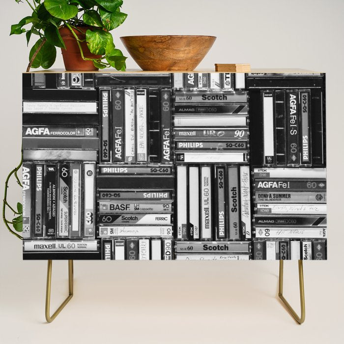 Music Cassette Stacks - Black and White - Something Nostalgic IV #decor #society6 #buyart Credenza Gallery Image 1