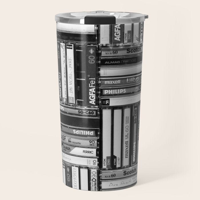 Music Cassette Stacks - Black and White - Something Nostalgic IV #decor #society6 #buyart Travel Mug Gallery Image 1