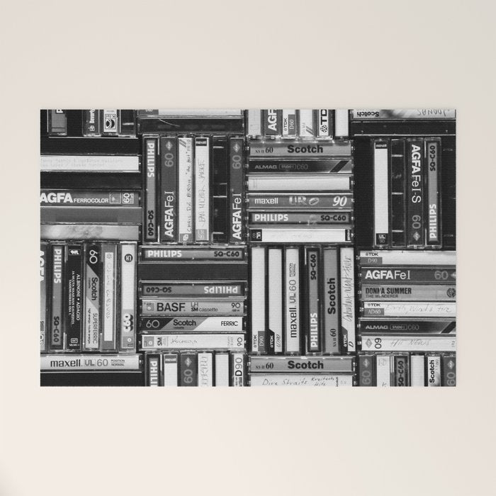 Music Cassette Stacks - Black and White - Something Nostalgic IV #decor #society6 #buyart Welcome Mat Gallery Image 1