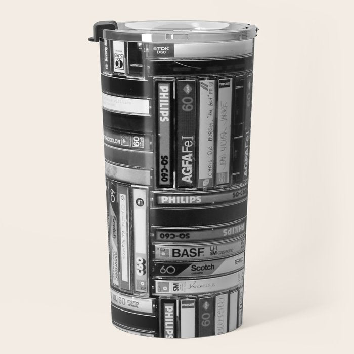 Music Cassette Stacks - Black and White - Something Nostalgic IV #decor #society6 #buyart Travel Mug Gallery Image 3