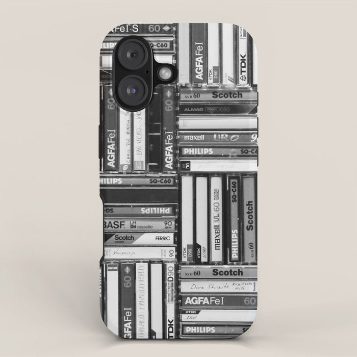 Music Cassette Stacks - Black and White - Something Nostalgic IV #decor #society6 #buyart iPhone Case Gallery Image 1