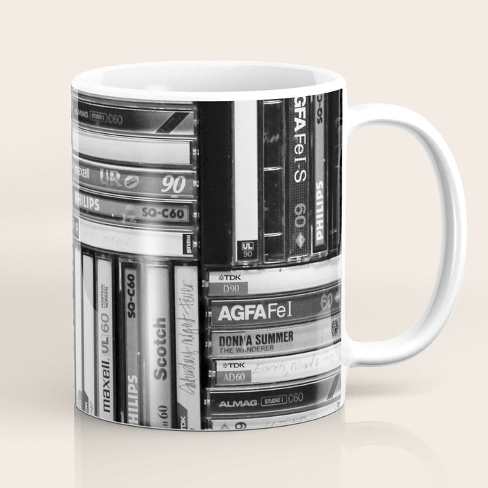 Music Cassette Stacks - Black and White - Something Nostalgic IV #decor #society6 #buyart Coffee Mug Gallery Image 1