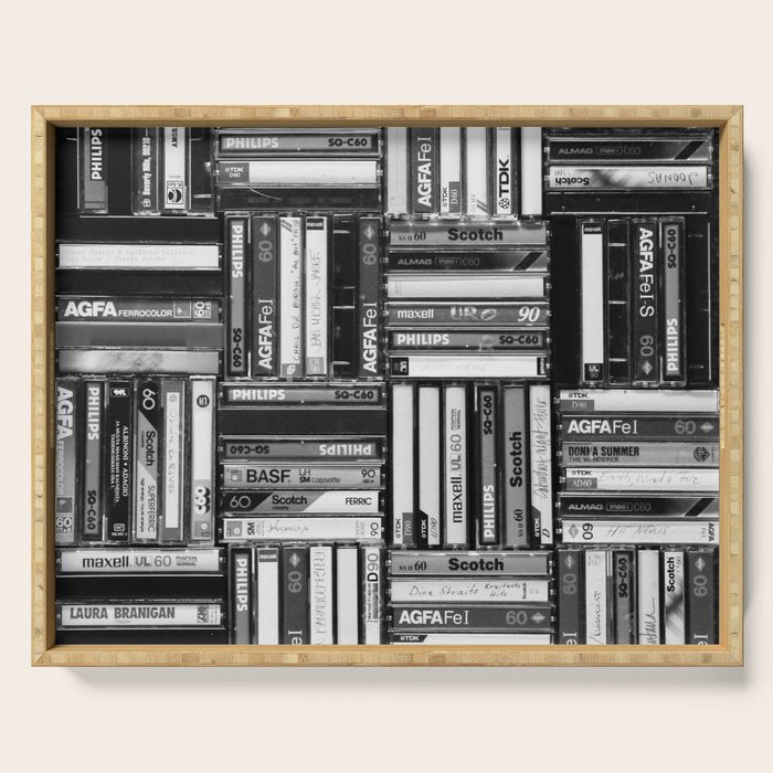 Music Cassette Stacks - Black and White - Something Nostalgic IV #decor #society6 #buyart Serving Tray Gallery Image 1