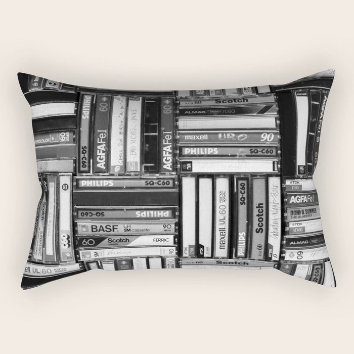 Music Cassette Stacks - Black and White - Something Nostalgic IV #decor #society6 #buyart Rectangular Pillow Gallery Image 1