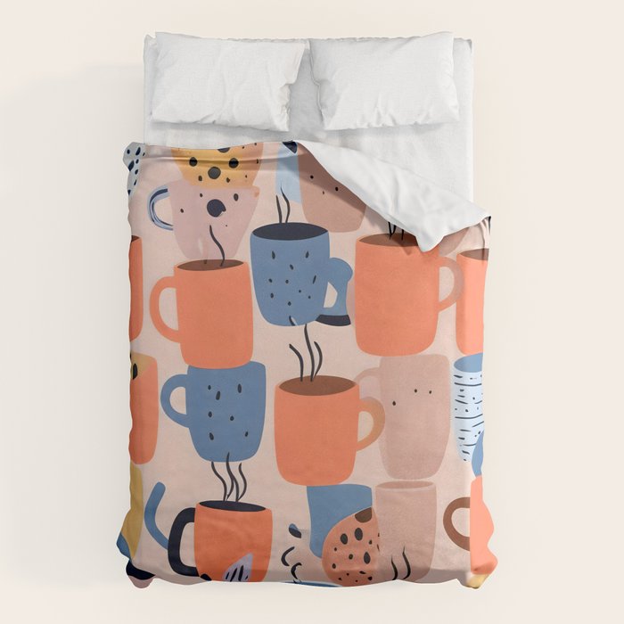 Tea Cups Whimsy, Coffee Mugs Quirky Illustration, Whimsical Halloween Pattern Hot Soup, Fall Autumn Line Drawing Pastel, Eclectic Bohemian Painting Duvet Cover Gallery Image 6
