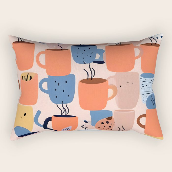 Tea Cups Whimsy, Coffee Mugs Quirky Illustration, Whimsical Halloween Pattern Hot Soup, Fall Autumn Line Drawing Pastel, Eclectic Bohemian Painting Rectangular Pillow Gallery Image 2