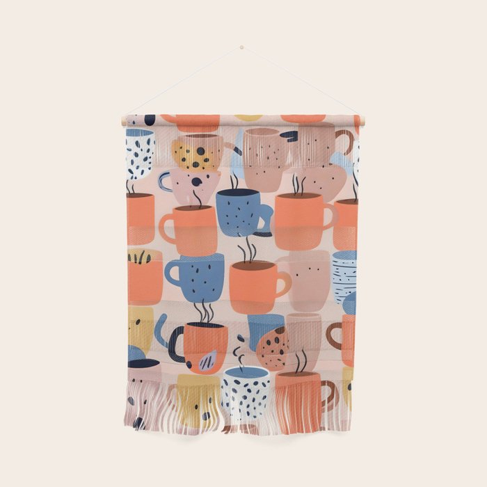 Tea Cups Whimsy, Coffee Mugs Quirky Illustration, Whimsical Halloween Pattern Hot Soup, Fall Autumn Line Drawing Pastel, Eclectic Bohemian Painting Wall Hanging Gallery Image 1