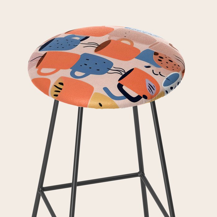 Tea Cups Whimsy, Coffee Mugs Quirky Illustration, Whimsical Halloween Pattern Hot Soup, Fall Autumn Line Drawing Pastel, Eclectic Bohemian Painting Stool Gallery Image 2