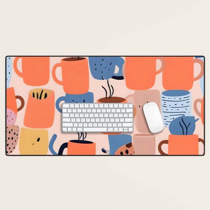 Tea Cups Whimsy, Coffee Mugs Quirky Illustration, Whimsical Halloween Pattern Hot Soup, Fall Autumn Line Drawing Pastel, Eclectic Bohemian Painting Desk Mat Gallery Image 1