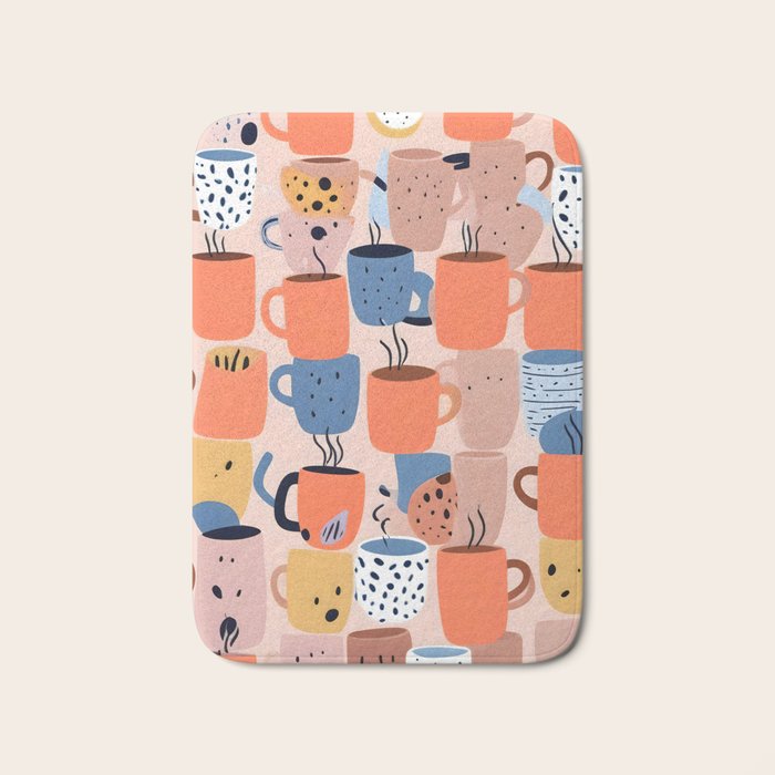 Tea Cups Whimsy, Coffee Mugs Quirky Illustration, Whimsical Halloween Pattern Hot Soup, Fall Autumn Line Drawing Pastel, Eclectic Bohemian Painting Bath Mat Gallery Image 1